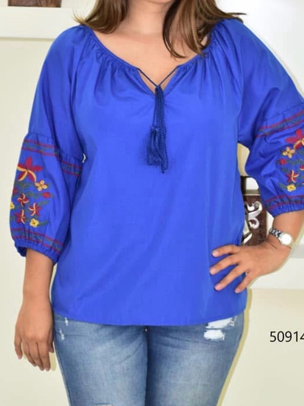 Lodys USA Women's Royal Blue Peasant Blouse with Embroidered Sleeves  size L